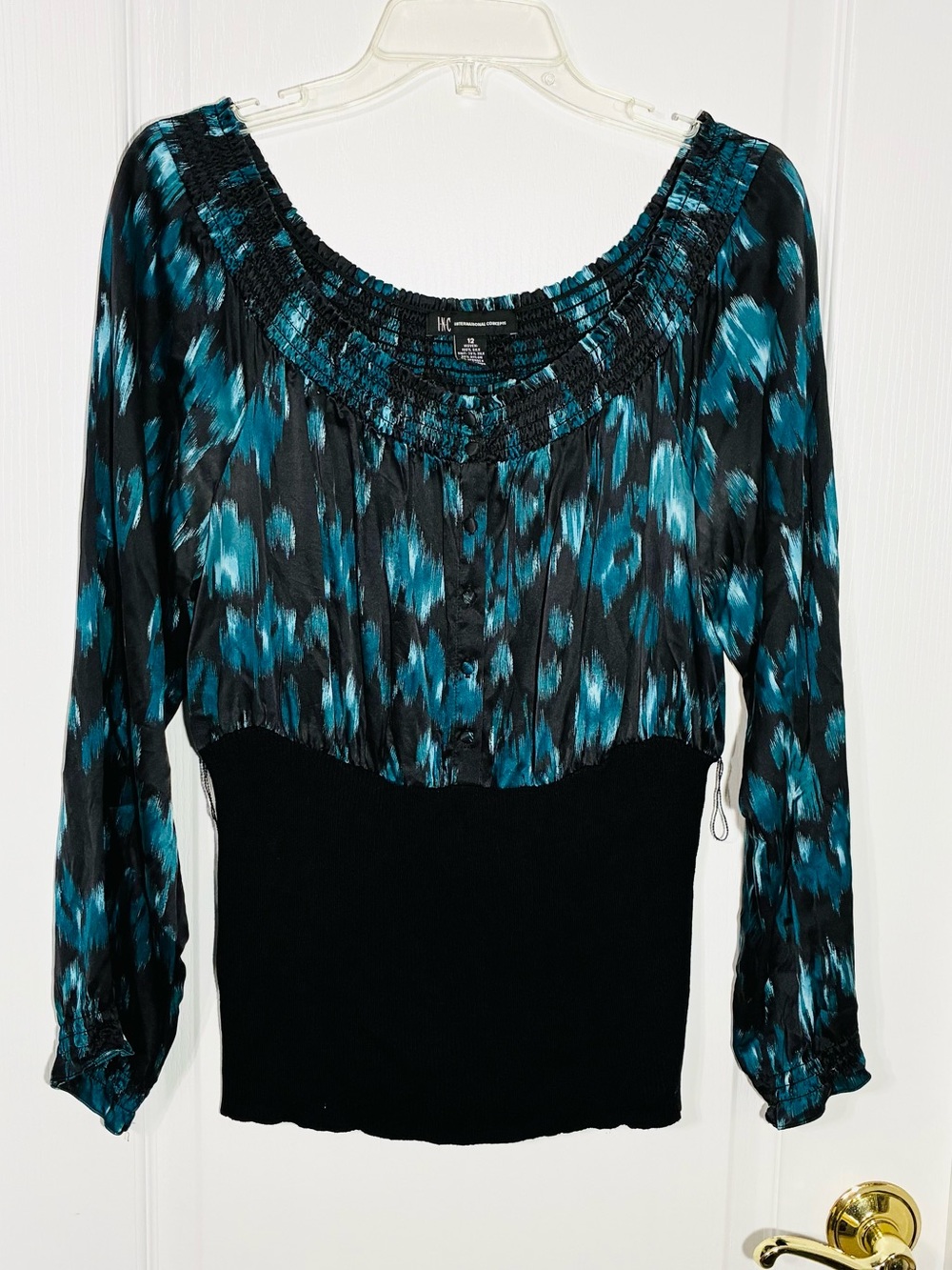 Y2K INC Silk Knit Mixed Media Over the Shoulder Peasant Blouse Teal Black Sz 12